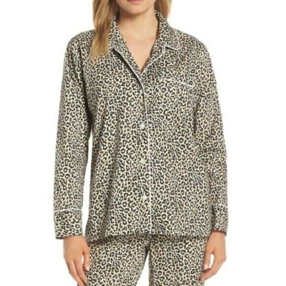 J. Crew White Black Tan Leopard Print Long Sleeve Button Up Pajama Shirt Size XS